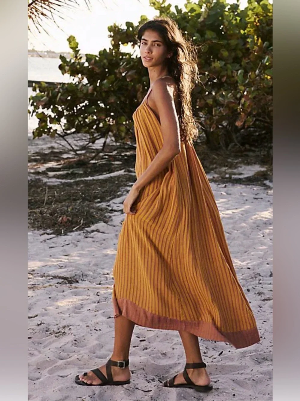 Free People Striped Mustard & Rust Midi Slip Dress